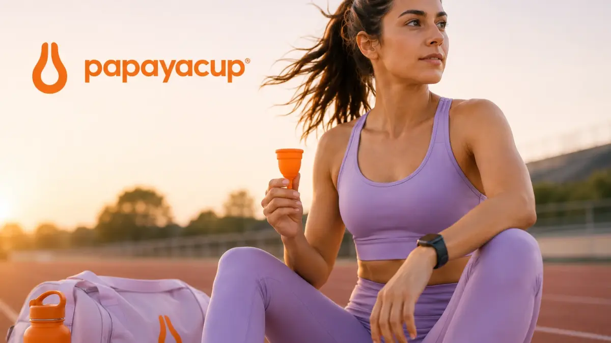 Imagen fotorealista donde se ve a una mujer deportista con ropa de deporte aguantando su copa menstrual papaya cup