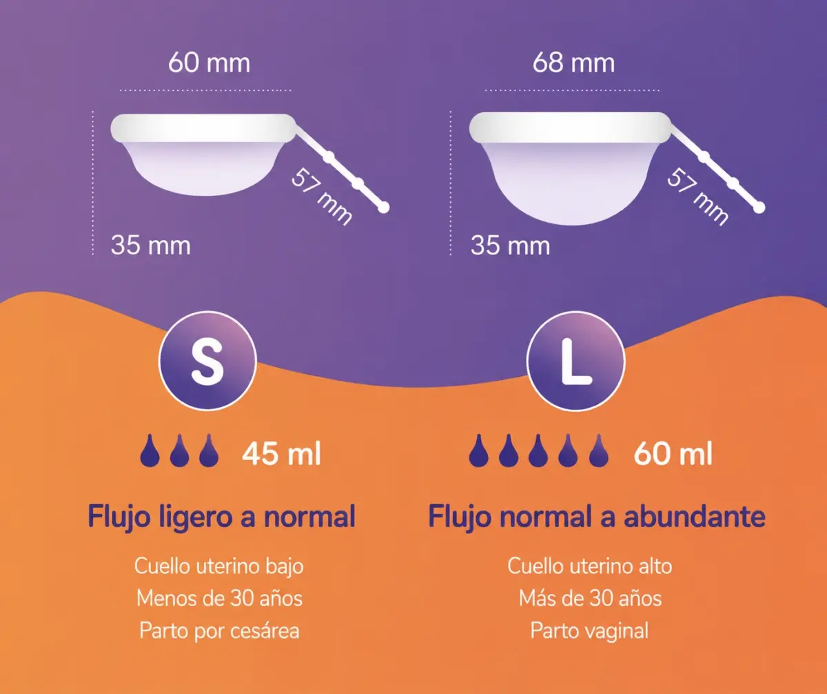 guia de tallas en formato infografico del disco menstrual de papaya cup con sus caracteristicas