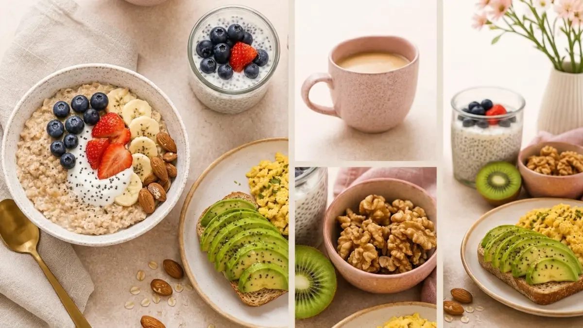 Healthy breakfast options for women over 40, featuring oatmeal with fruit, avocado toast, chia pudding, and coffee.