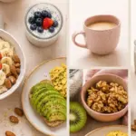 Healthy breakfast options for women over 40, featuring oatmeal with fruit, avocado toast, chia pudding, and coffee.