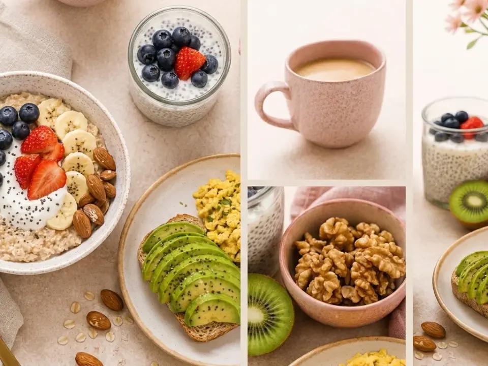 Healthy breakfast options for women over 40, featuring oatmeal with fruit, avocado toast, chia pudding, and coffee.