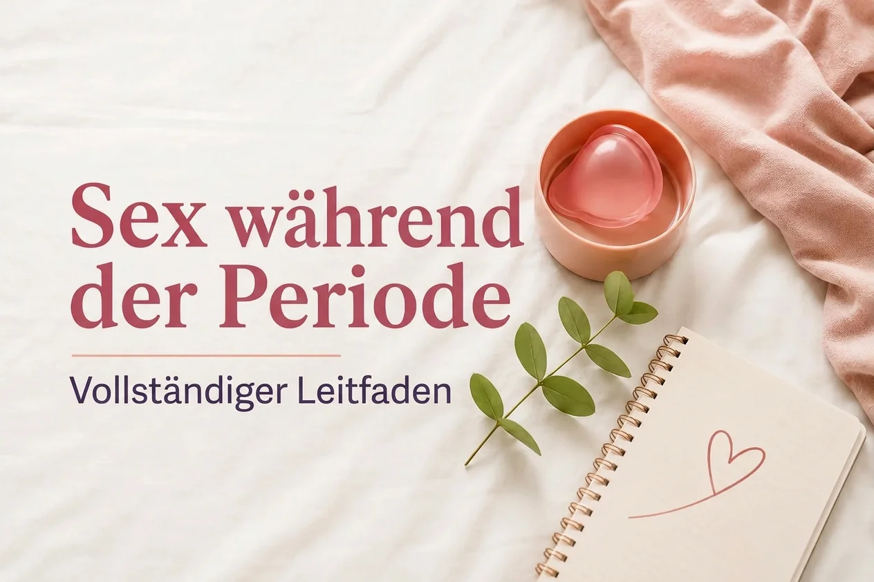 Pinke Menstruationstasse auf weißem Bettlaken, umgeben von Notizbuch, Pflanze und rosa Tuch, mit Titel "Sexo con la regla".