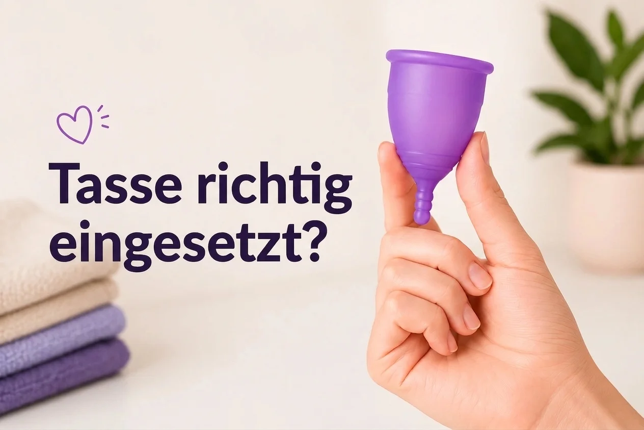 Hand hält lila Menstruationstasse; dazu spanischer Text „Copa bien colocada?“ und Herzsymbol.