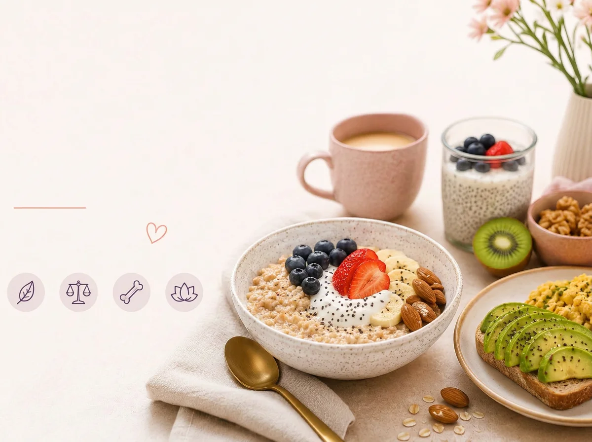Healthy breakfast spread with oatmeal, berries, avocado toast, chia pudding, coffee, kiwi, and walnuts.