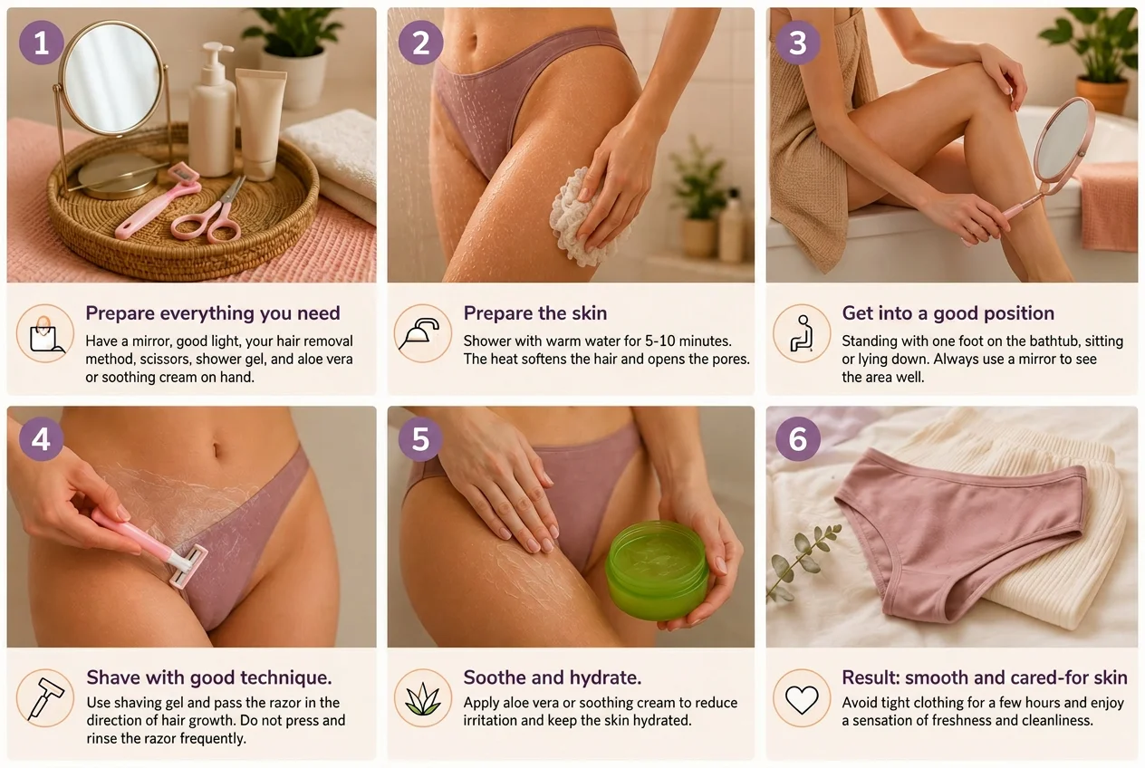A six-panel guide shows a woman preparing, shaving her bikini area, and applying aloe vera for smooth skin.