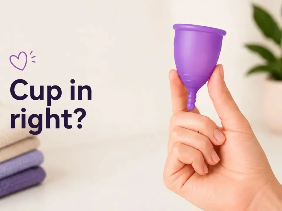 A hand holds a purple menstrual cup next to text "¿Copa bien colocada?" and a small heart.