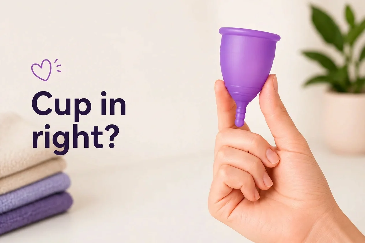 A hand holds a purple menstrual cup next to text "¿Copa bien colocada?" and a small heart.