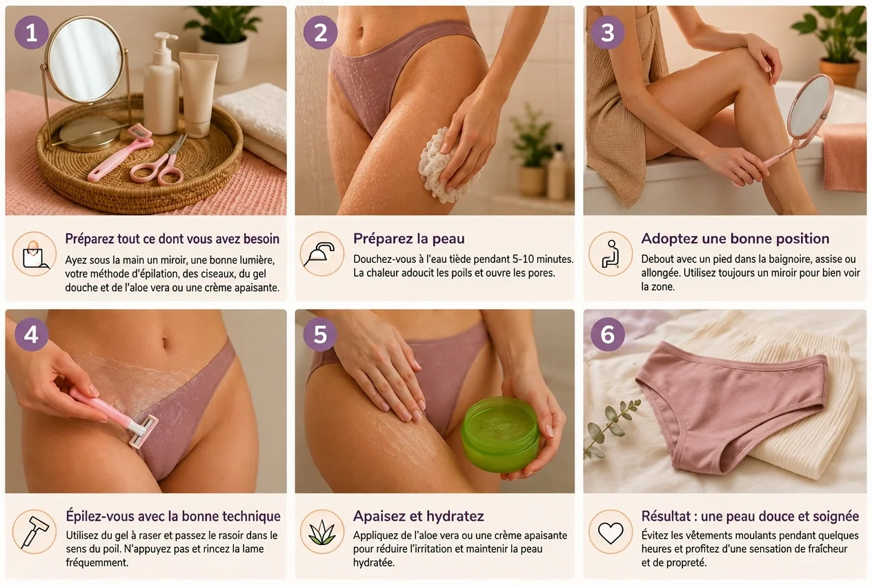 Guide visuel de rasage bikini en 6 étapes : préparation, rasage et soin pour une peau douce.
