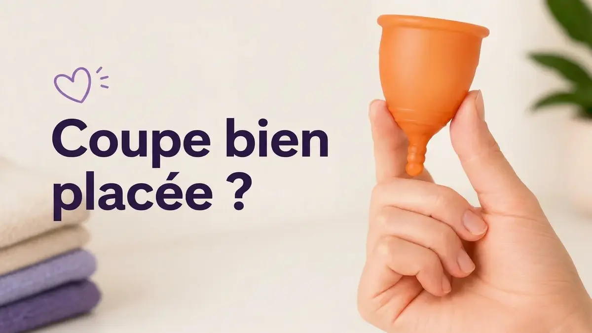 Une main tient une coupe menstruelle orange, à côté du texte « ¿Copa bien colocada? », un cœur violet et des serviettes.