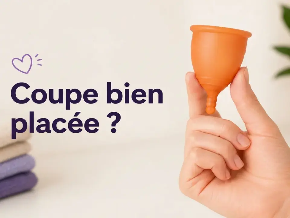 Une main tient une coupe menstruelle orange, à côté du texte « ¿Copa bien colocada? », un cœur violet et des serviettes.