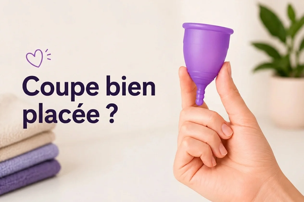 Une main tient une coupe menstruelle violette devant un texte questionnant son placement, et des linges pliés.