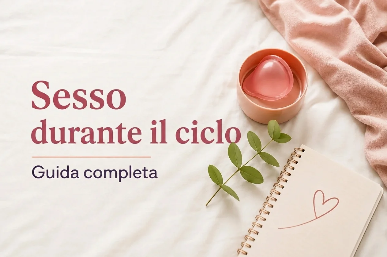 Coppetta mestruale, quaderno con cuore e ramo su lenzuola bianche, con titolo su sesso e ciclo mestruale.