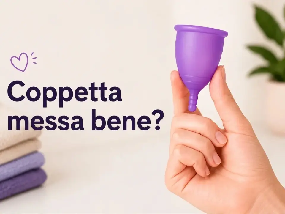 Mano che tiene una coppetta mestruale viola, con la domanda "¿Copa bien colocada?" e asciugamani sullo sfondo.