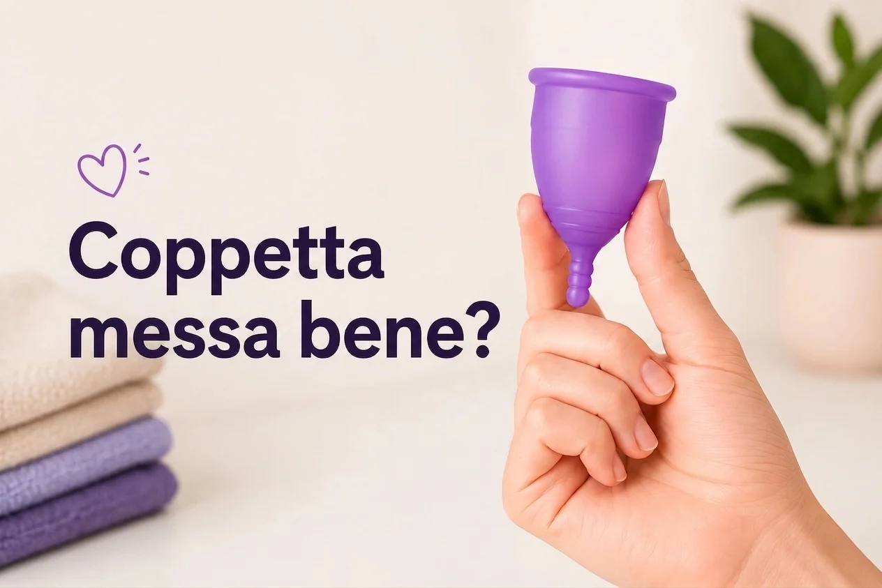 Mano che tiene una coppetta mestruale viola, con la domanda "¿Copa bien colocada?" e asciugamani sullo sfondo.