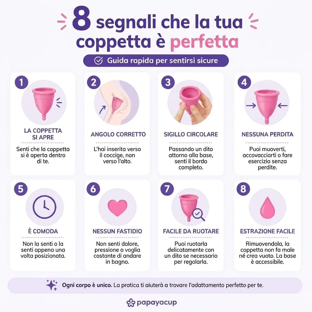 infografica come sapere se hai messo bene la coppetta mestruale papayacup
