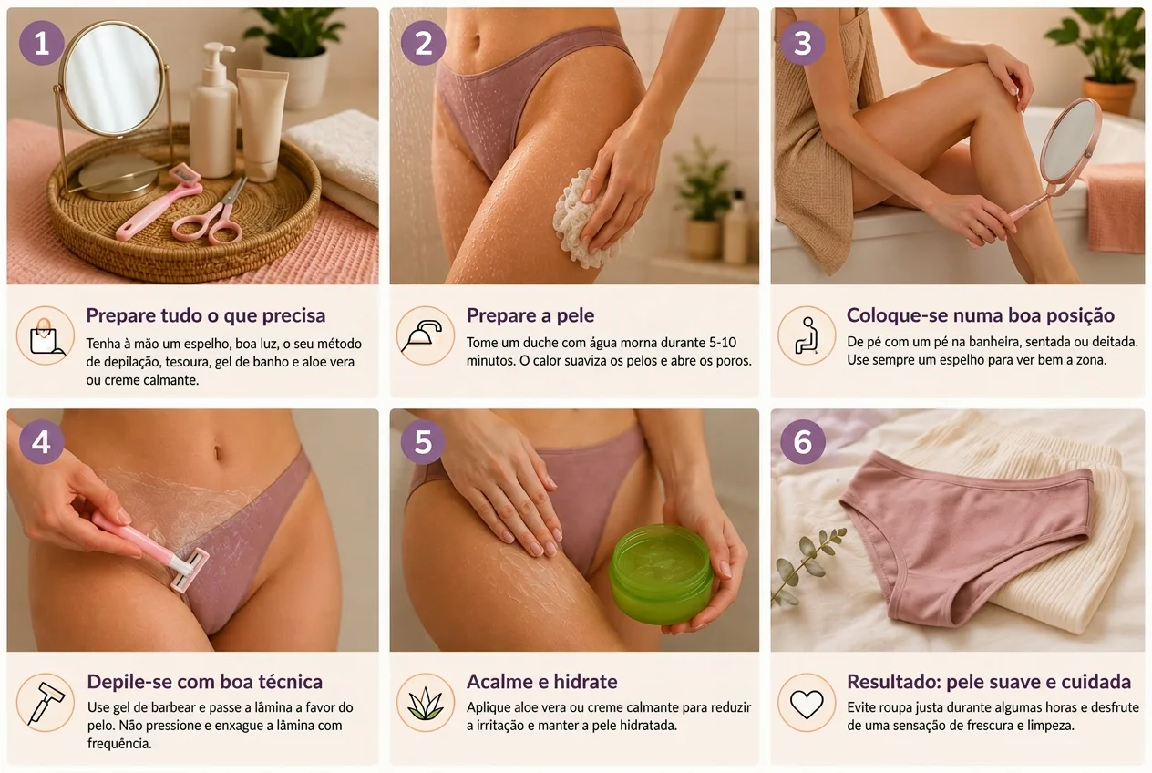 Guia visual de 6 passos sobre depilação da área do biquíni, com uma mulher mostrando preparação, técnica e cuidado.