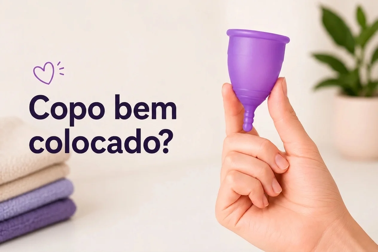 Mão segura uma copa menstrual roxa com a pergunta ¿Copa bien colocada?.