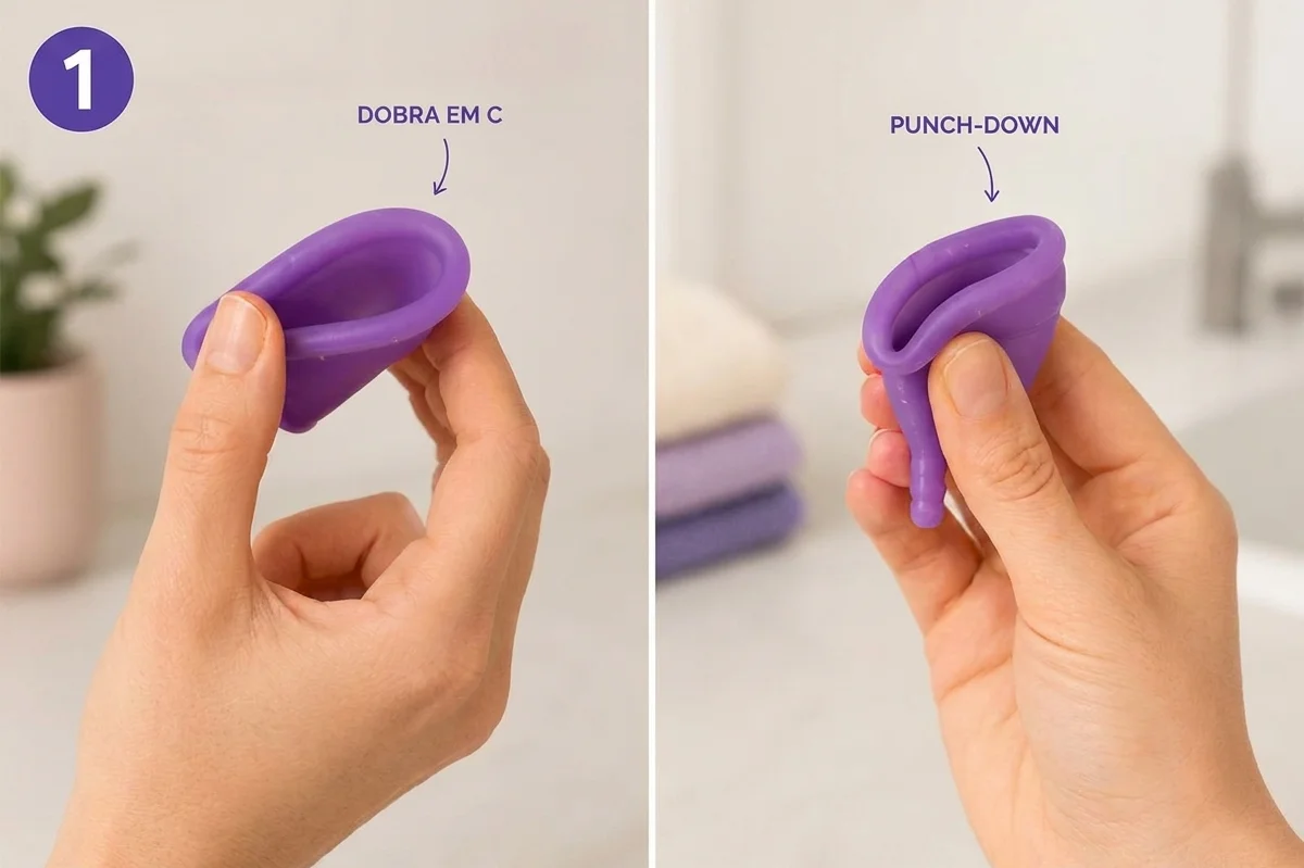 Duas mãos demonstram dobras de um copo menstrual roxo: em C e punch-down.
