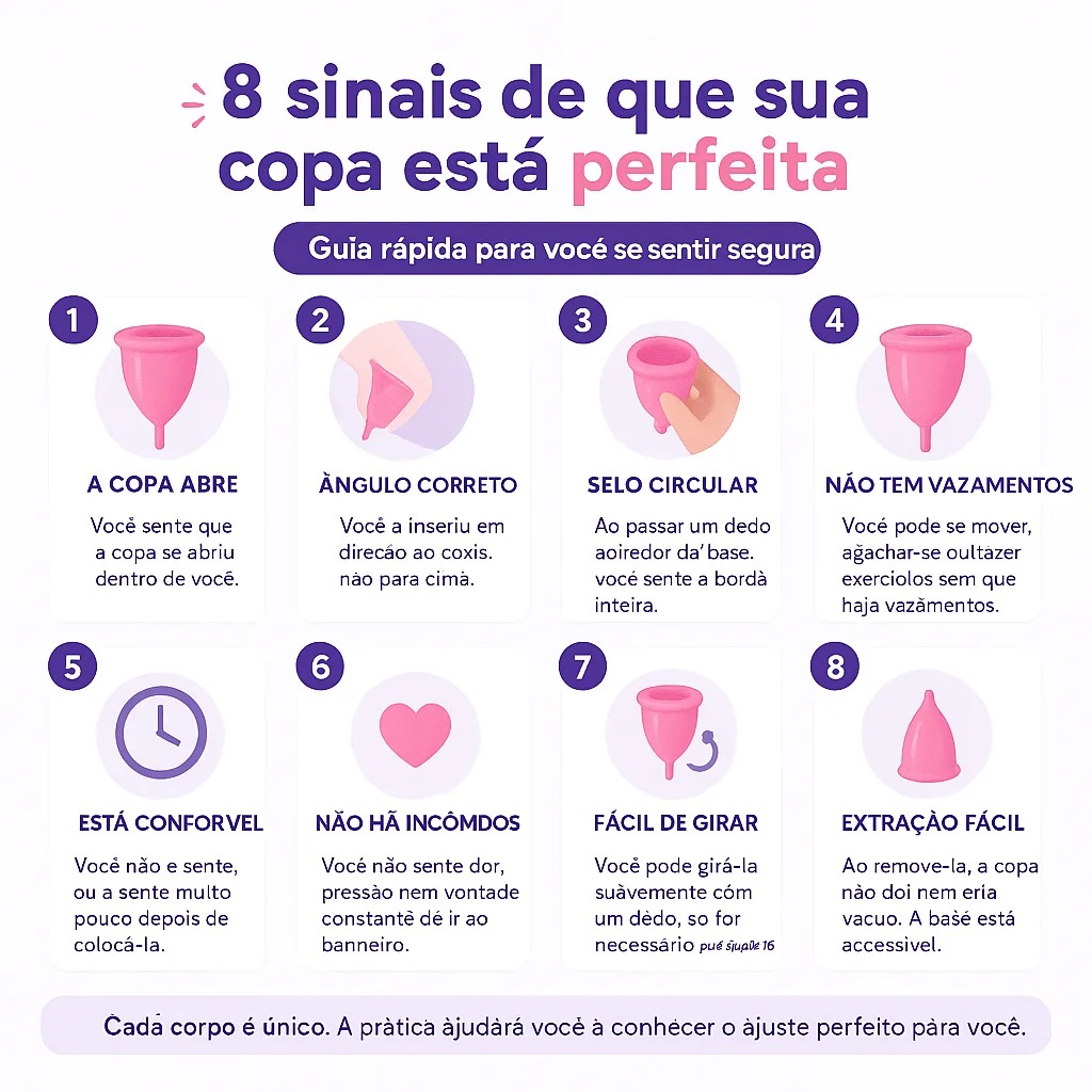 infografia como saber se você colocou corretamente o coletor menstrual papayacup
