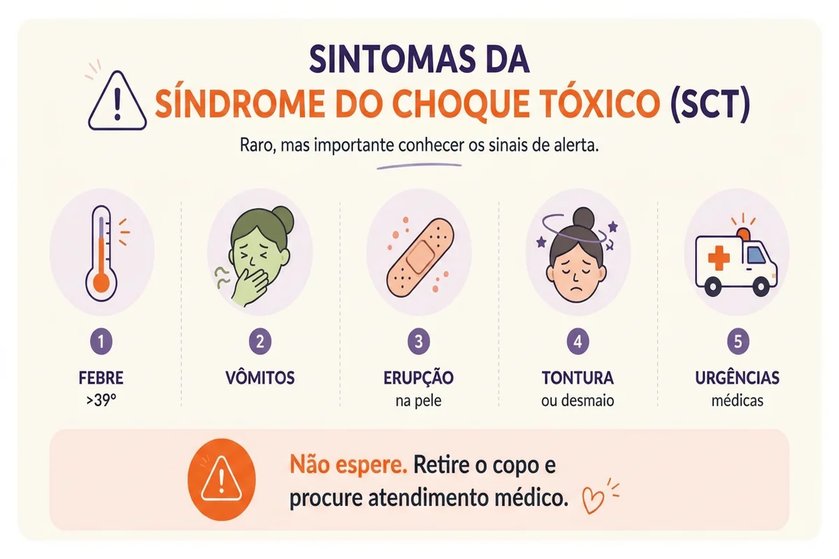Infográfico sobre Síndrome do Choque Tóxico (SST) lista sintomas e alerta para retirar a copa e ir ao médico.