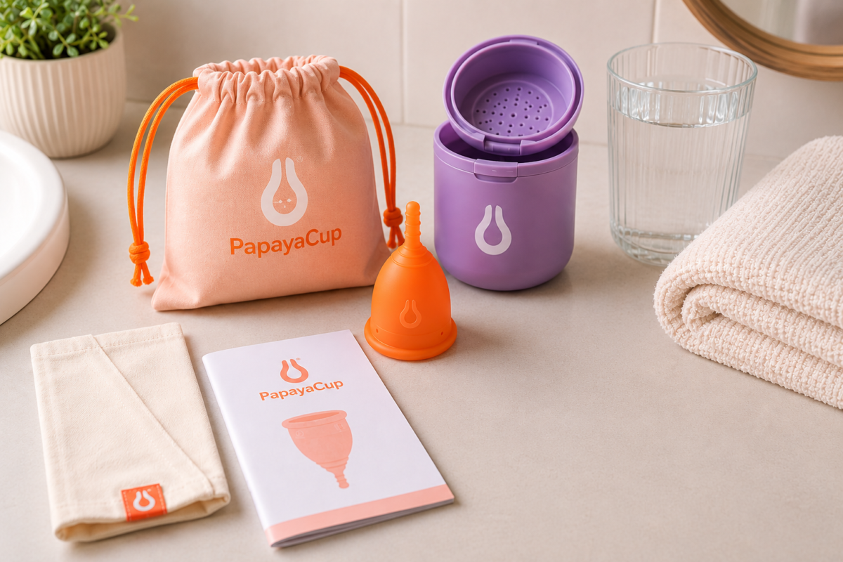 imagen donde se ve el kit de inicio completo de papaya cup y sus elementos por separado