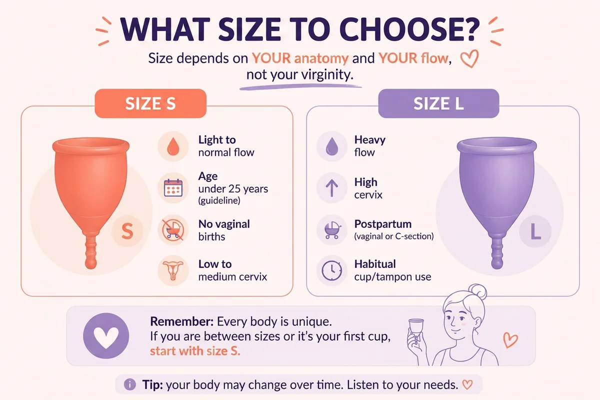 infographic explaining which size to choose for the PapayaCup menstrual cup and its arguments