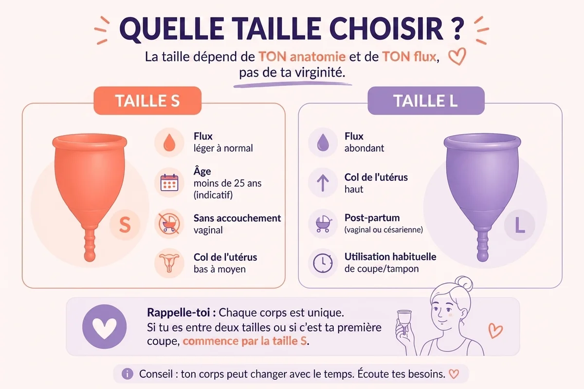 infographie où il est expliqué quelle taille choisir pour la coupe menstruelle de PapayaCup et ses arguments