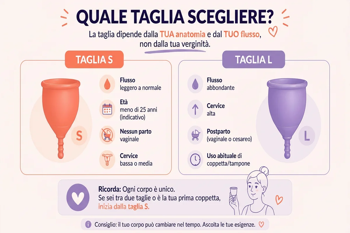 infografica dove si spiega quale taglia scegliere della coppetta mestruale di papaya cup e i suoi argomenti