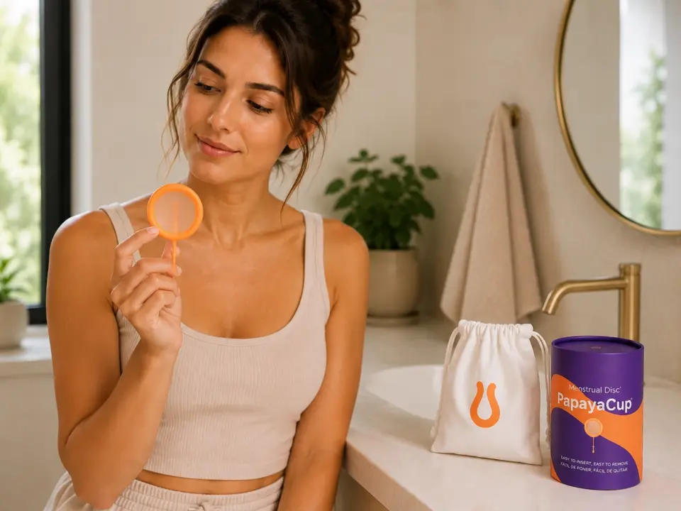 mujer mirando al disco menstrual de papaya cup