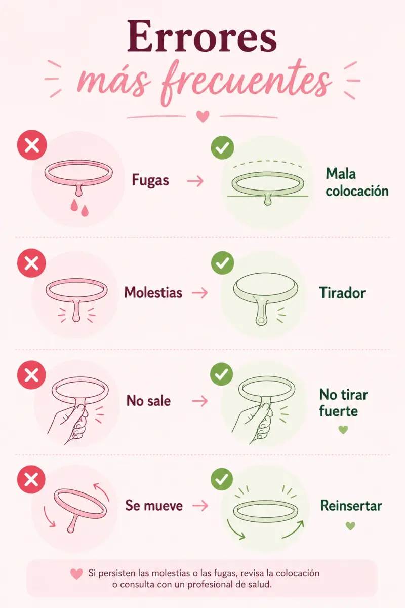 infografia que explica los errores comunes al poner el disco menstrual de papaya cup.