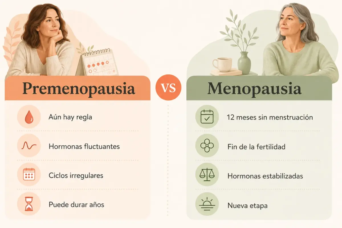 infografia que compara sintomas de premenopausia vs menopausia