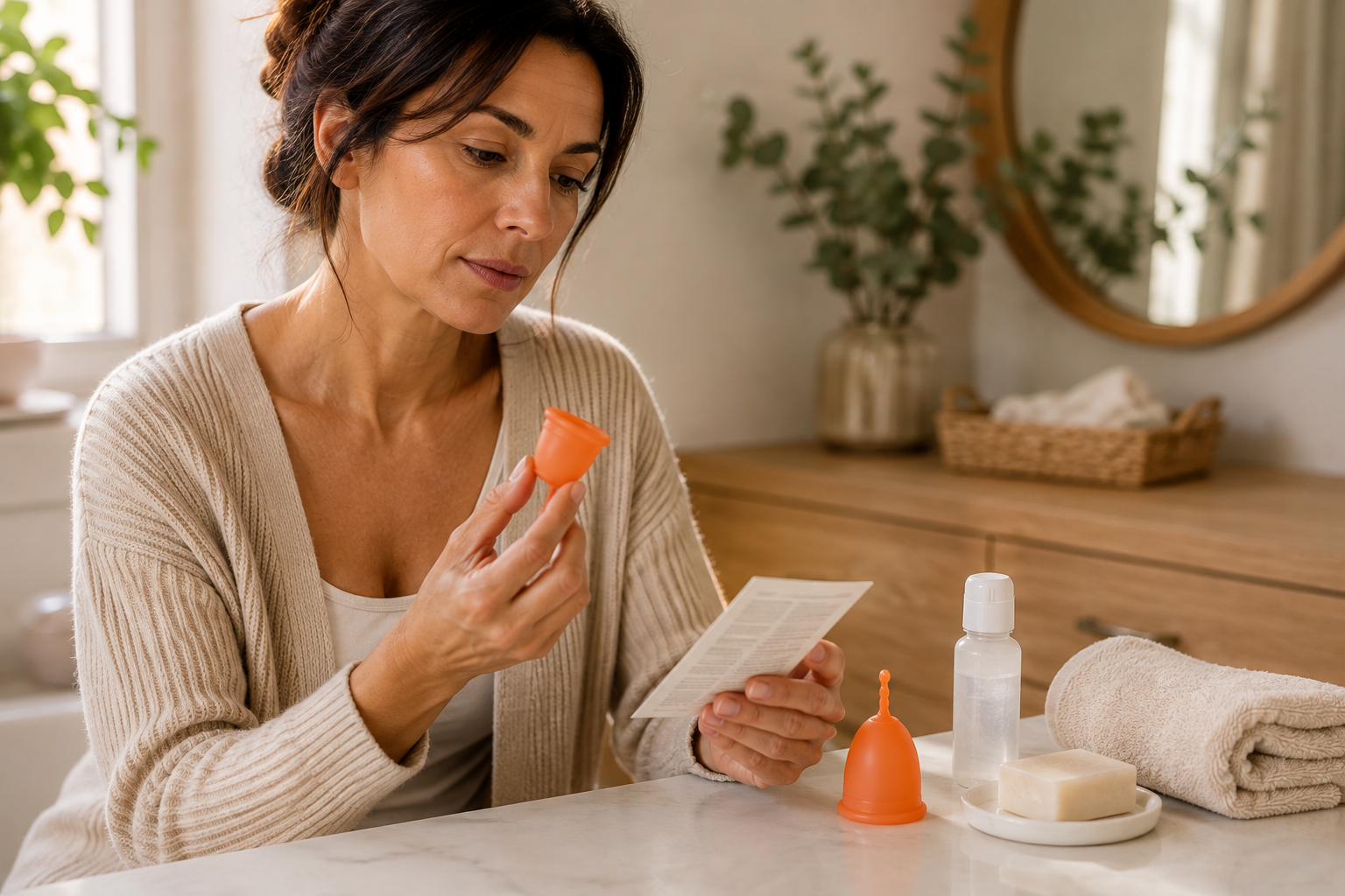 Mulher de meia-idade segura um copo menstrual laranja e lê as instruções, com mais produtos de higiene na mesa.