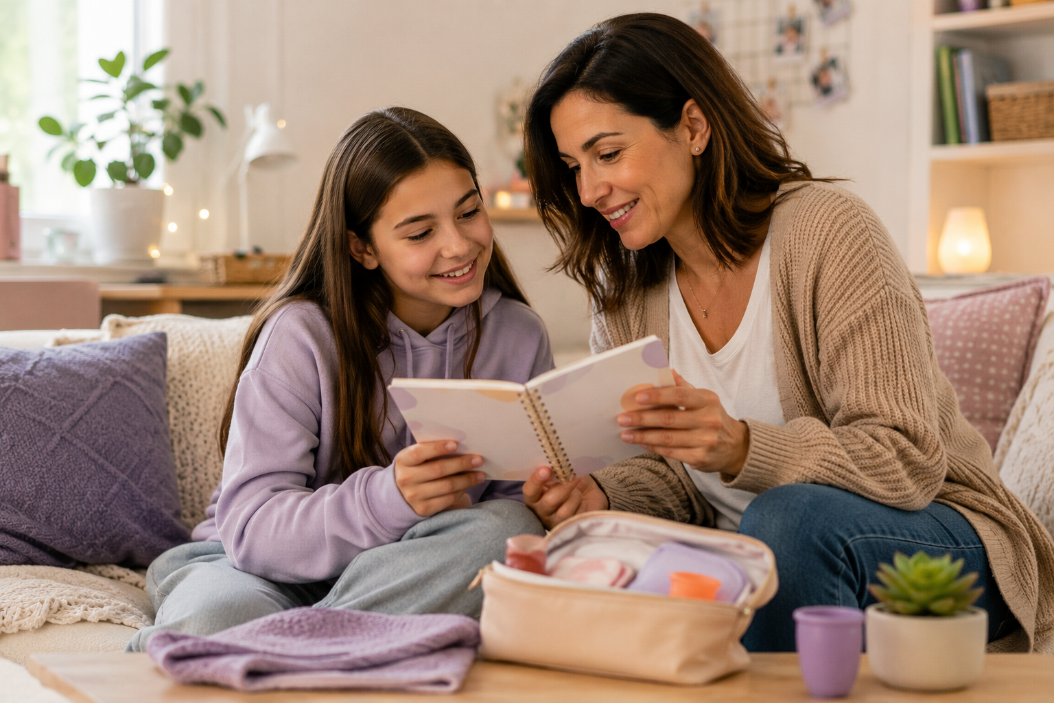 Mãe e filha sorrindo olham juntas um caderno, com produtos de higiene menstrual em uma bolsa na mesa de casa.