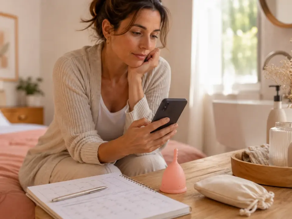 mujer viendo que no puede seguir usando la copa menstrual
