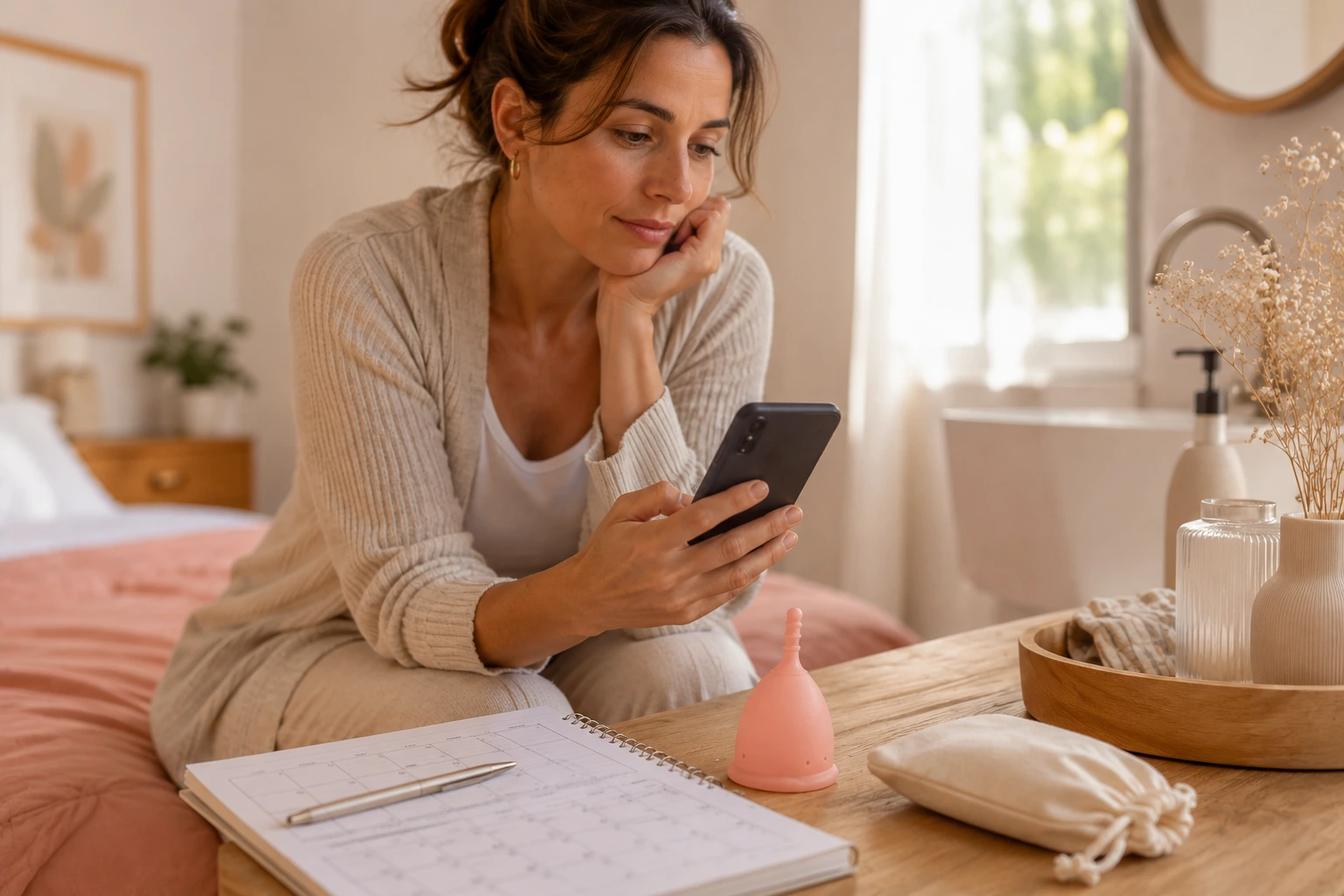 Una donna seduta sul letto guarda il suo telefono, con un calendario e una coppetta mestruale sul tavolo.