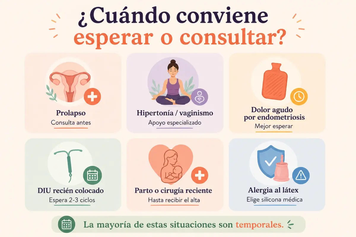 inforgrafia sobre cuando conviene esperar o consultar con un medico si puedes llevar copa menstrual
