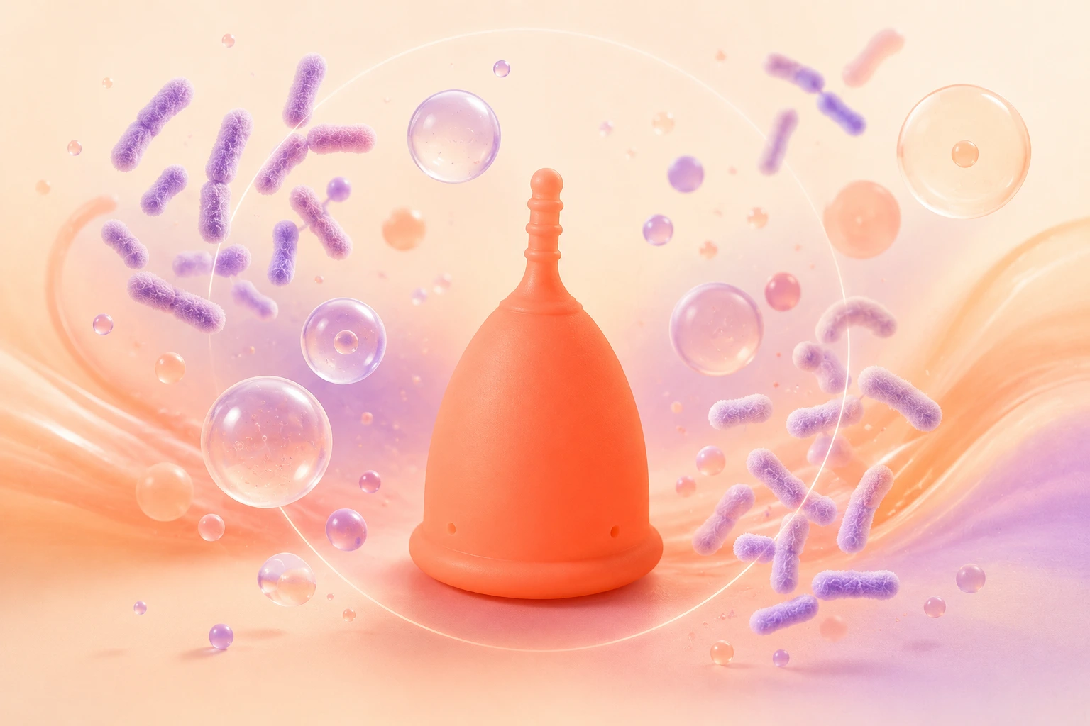 Coppetta mestruale arancione con lattobacilli viola e bolle trasparenti in un delicato sfondo sfumato.