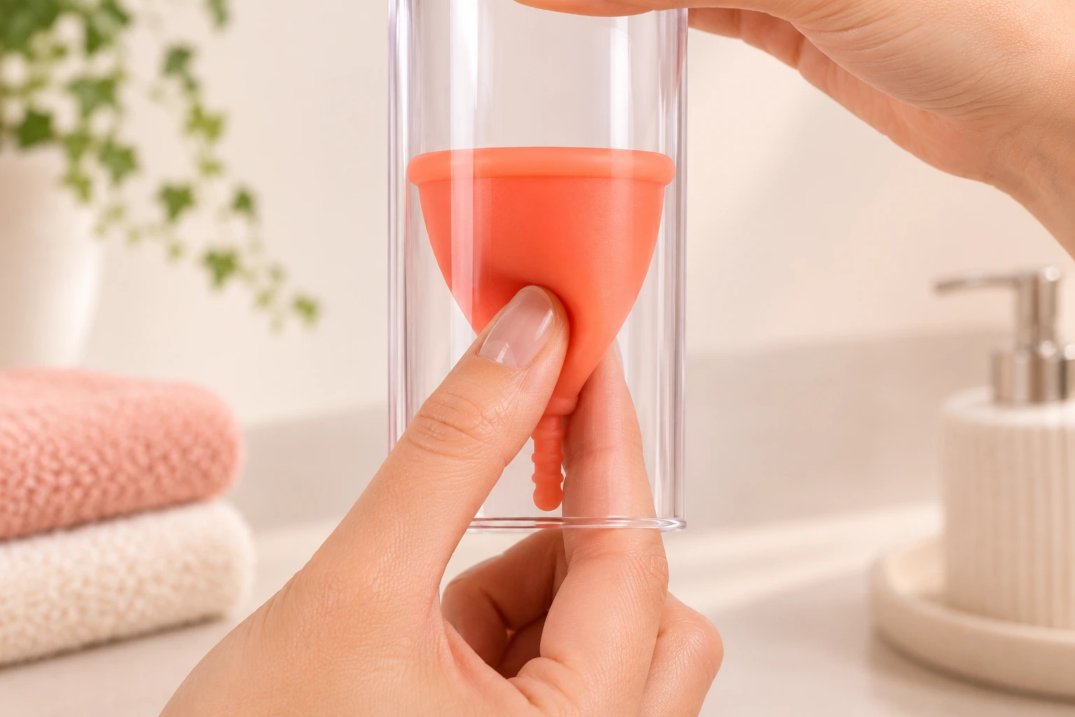 Mani tengono una coppetta mestruale arancione in un contenitore trasparente, con uno sfondo sfocato di bagno.