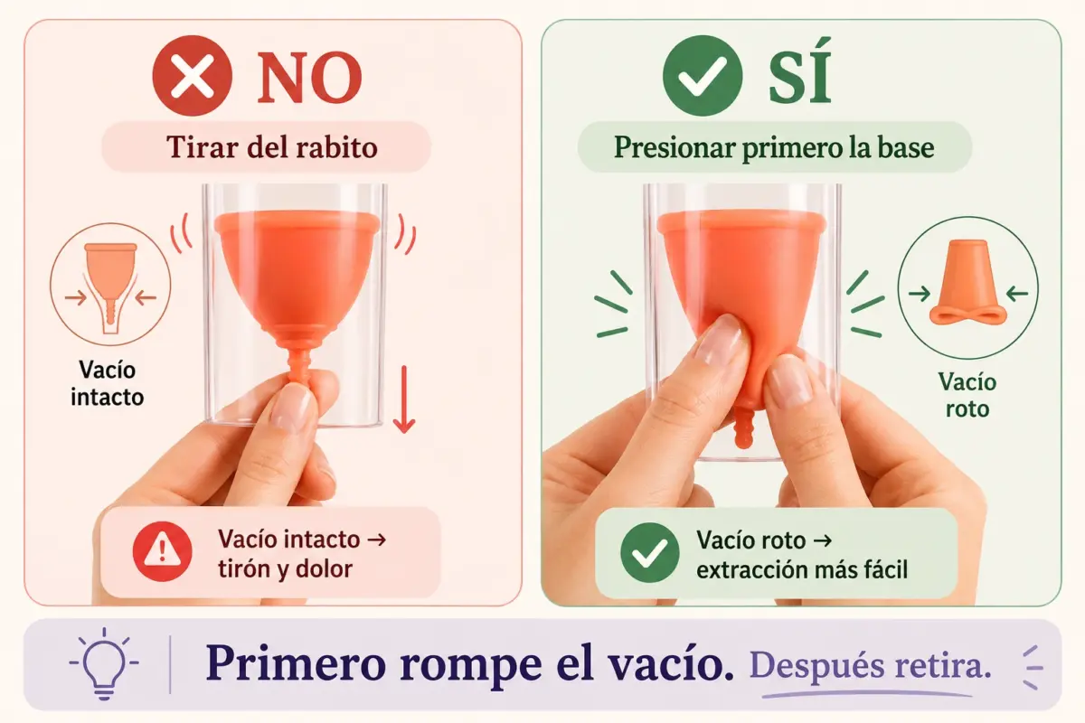 infografia que explica com oextraer correctamente la copa menstrual