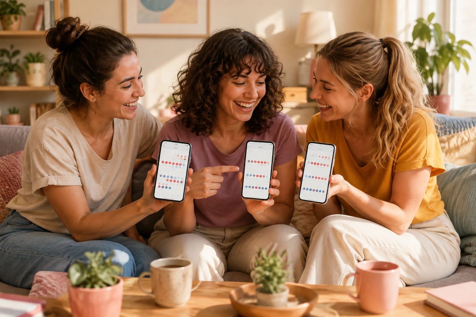 Tre donne sorridenti su un divano mostrano calendari mestruali su smartphone.