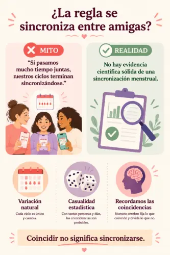 infografia que explica si es mito o verdad el hecho de que la regla se sincronice entre amigas