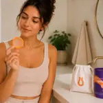 Eine Frau im Badezimmer hält und betrachtet eine orangefarbene Menstruationsscheibe; daneben die PapayaCup Verpackung.