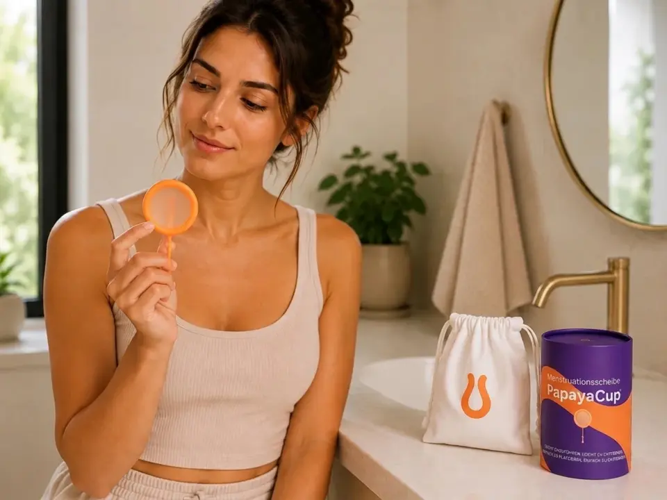 Eine Frau im Badezimmer hält und betrachtet eine orangefarbene Menstruationsscheibe; daneben die PapayaCup Verpackung.