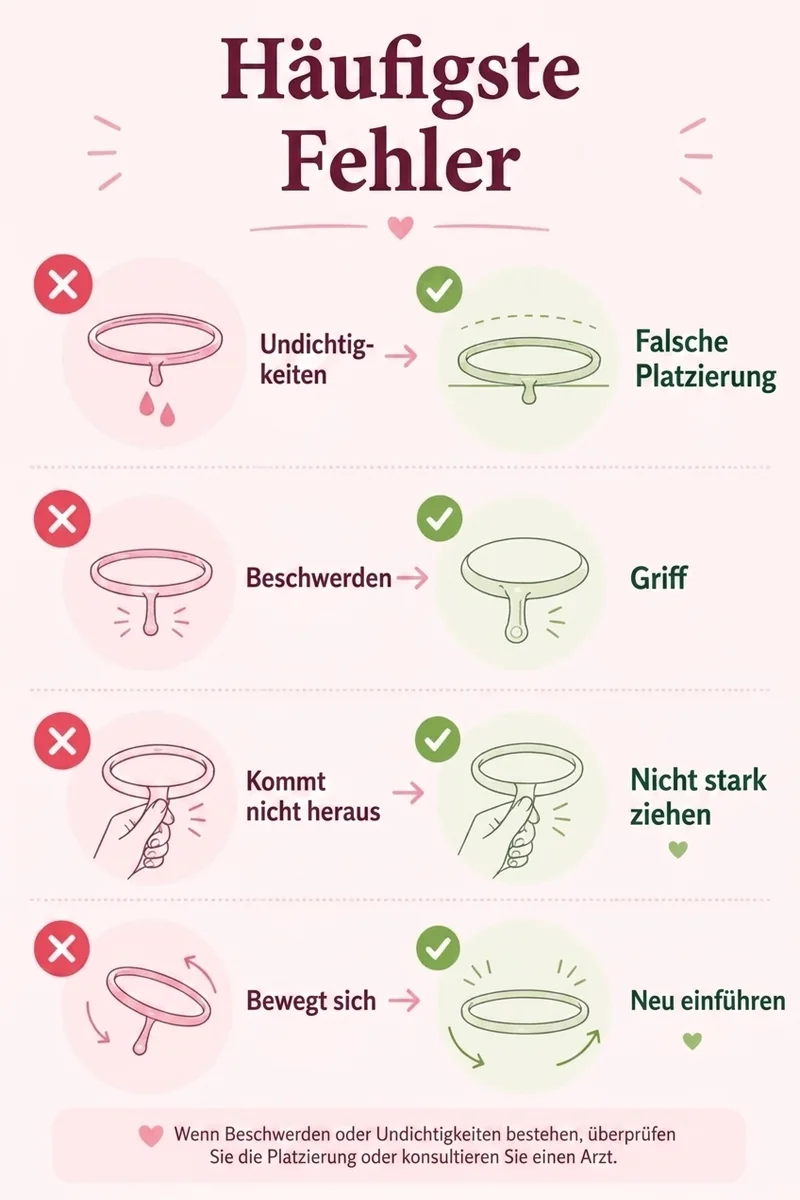 Infografik, die die häufigen Fehler beim Einsetzen des Menstruationsdisks von PapayaCup erklärt.
