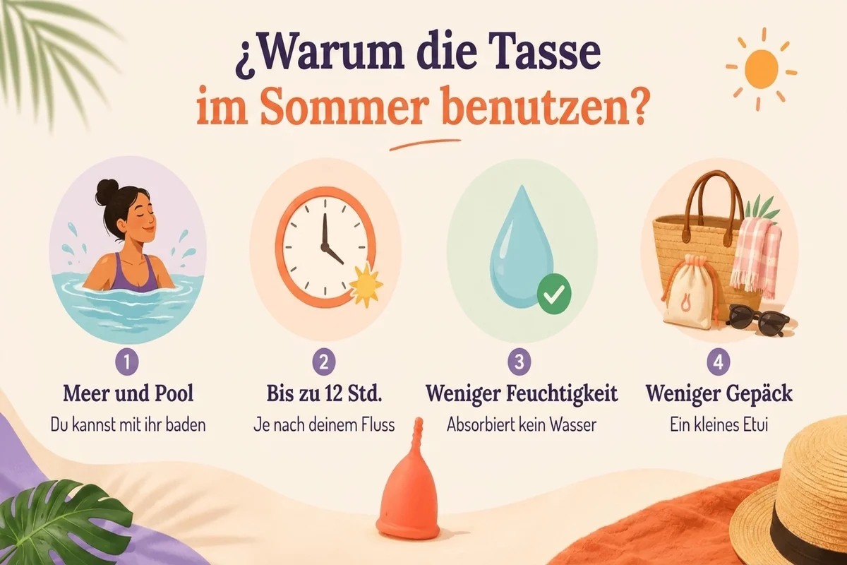 Infografik über die Verwendung der Menstruationstasse im Sommer