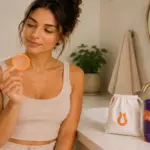 Smiling woman holds an orange PapayaCup menstrual disc, with the brand's packaging on a bathroom counter.