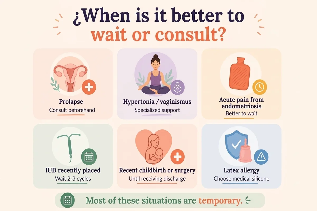 infographic on when to wait or consult a doctor about using a menstrual cup
