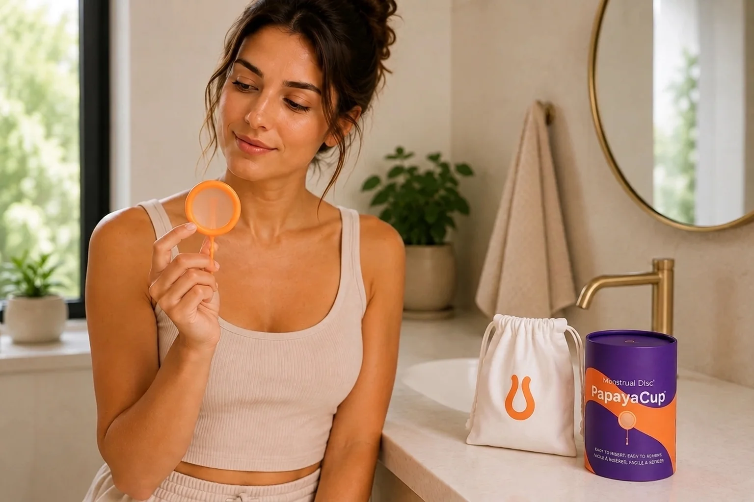 Femme souriante tient un disque menstruel orange dans une salle de bain moderne avec un produit PapayaCup sur le comptoir.