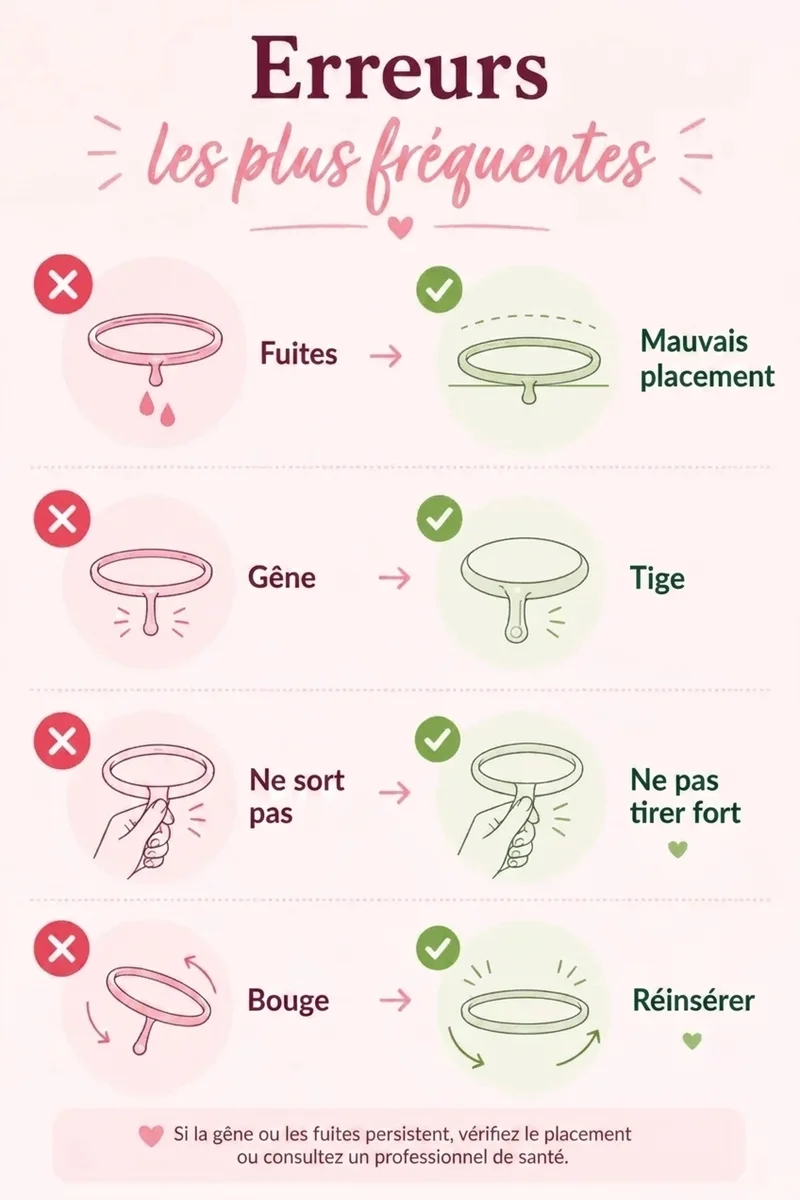 infographie qui explique les erreurs courantes lors de la mise en place du disque menstruel de papaya cup.