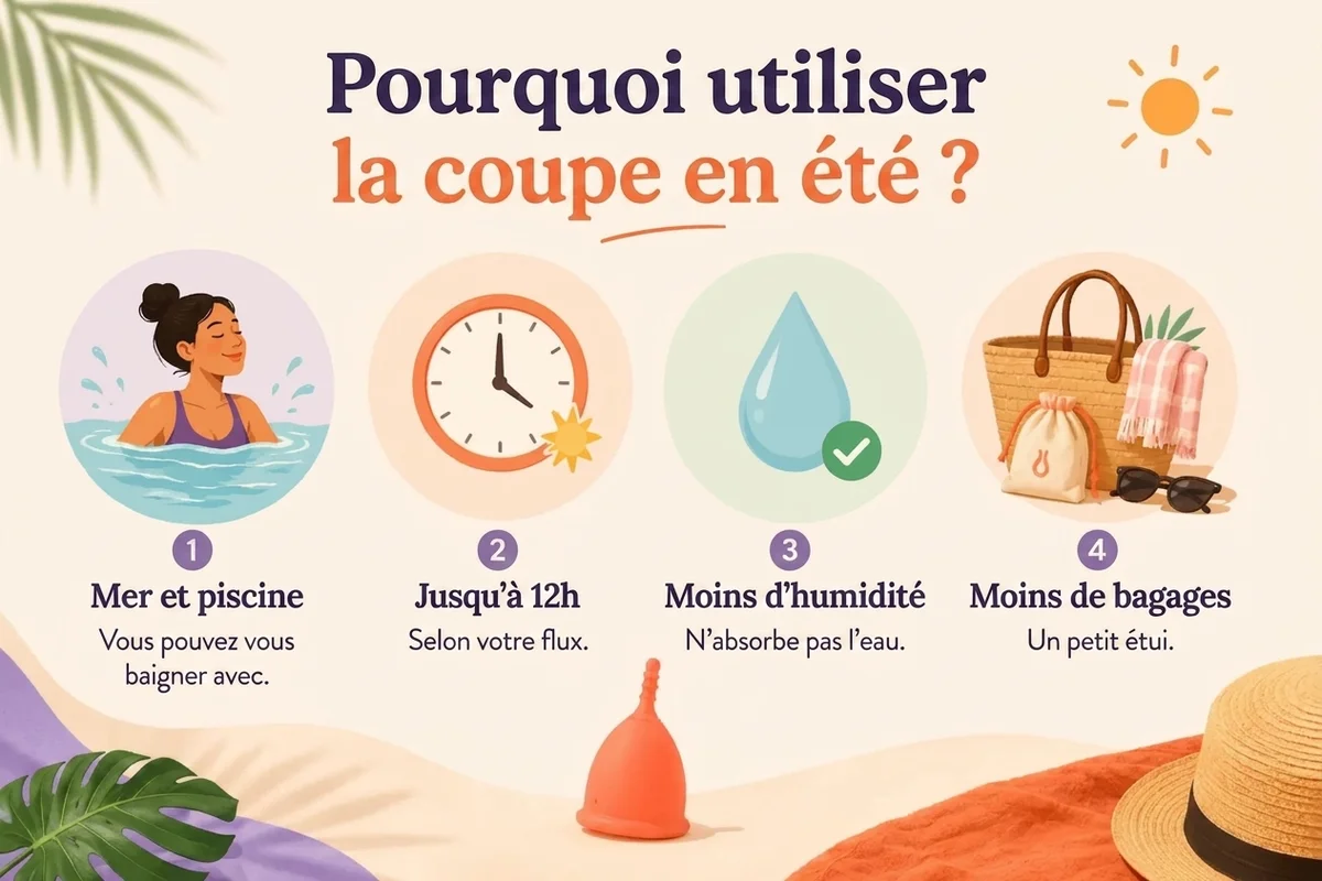 infographie sur pourquoi utiliser la coupe menstruelle en été